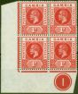 Old Postage Stamp from Gambia 1916 1d Scarlet SG87bvar Red Dot in Value Tablet in a V.F MNH PL1 Corner Block of 4