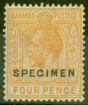 Rare Postage Stamp from Bahamas 1924 4d Orange-Yellow Specimen SG121s Fine Very Lightly Mtd Mint