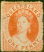 Valuable Postage Stamp Queensland 1863 1d Orange-Vermilion SG22 Thick Paper No Wmk P.13 Good MM
