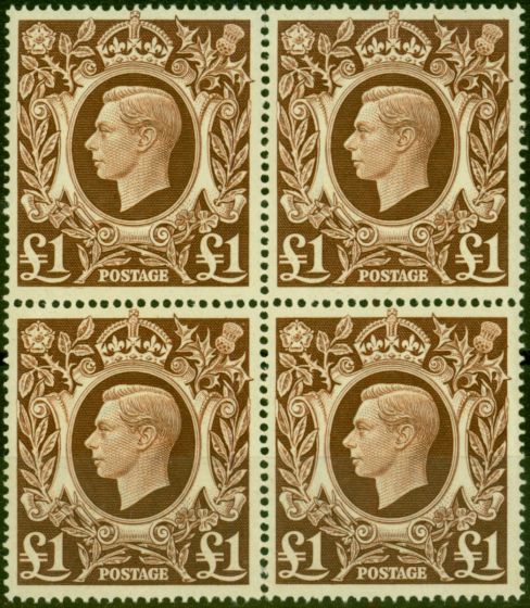 Rare Postage Stamp GB 1948 £1 Brown SG478c V.F MNH Block of 4