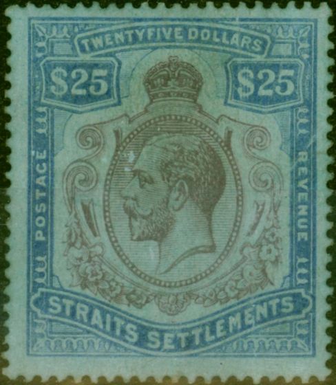 Old Postage Stamp Straits Settlements 1912 $25 Purple & Blue-Blue SG213 Ave MM Regum Scarce CV £3250