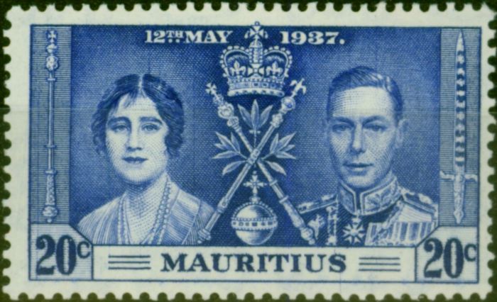 Collectible Postage Stamp Mauritius 1937 20c Bright Blue SG251b 'Line by Sceptre' Fine LMM
