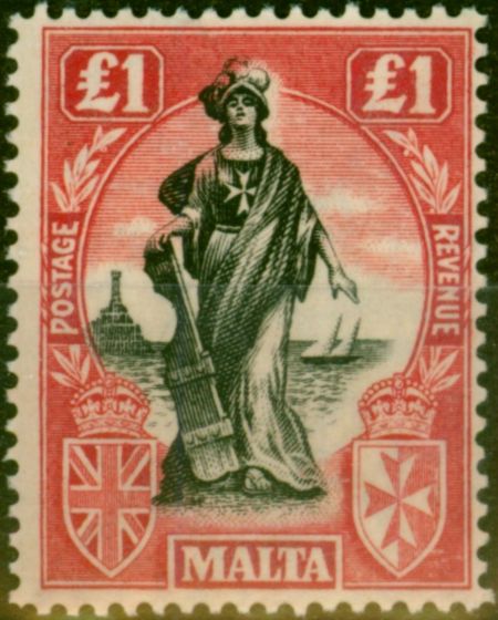 Collectible Postage Stamp Malta 1925 £1 Black & Bright Carmine SG140 Fine MNH