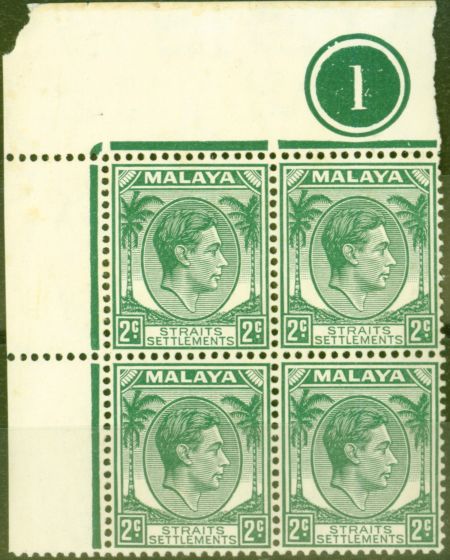 Rare Postage Stamp from Straits Settlements 1938 2c Green SG293 Die II Fine MNH Plate Block of 4