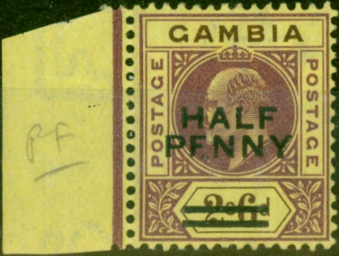 Collectible Postage Stamp Gambia 1906 1/2d on 2s6d Purple & Brown-Yellow SG69Var 'F for E in Penny' Fine LMM
