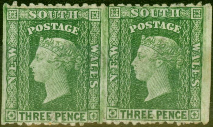 Valuable Postage Stamp N.S.W 1886 3d Yellow-Green P.11 SG226da Imperf Pair Wmk Inverted Fine LMM Scarce