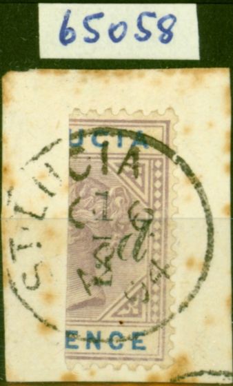 Old Postage Stamp St Lucia 1891 1/2d on Half 6d Dull Mauve & Blue SG54g '1 Used as Fraction Bar' Fine Used on Small Piece with Royal Cert Scarce