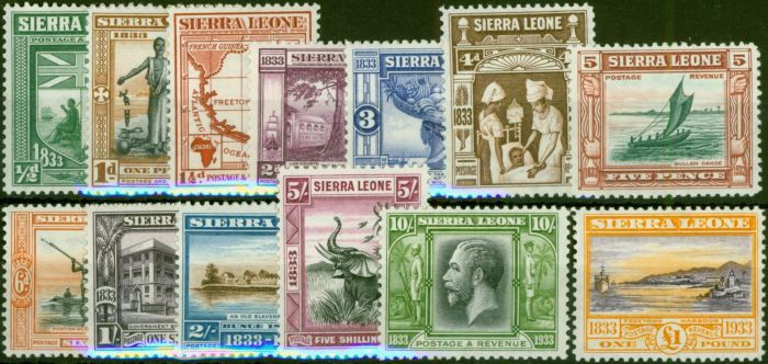 Old Postage Stamp Sierra Leone 1933 Wilberforce Set of 13 SG168-180 Superb VLMM Clear White Gum