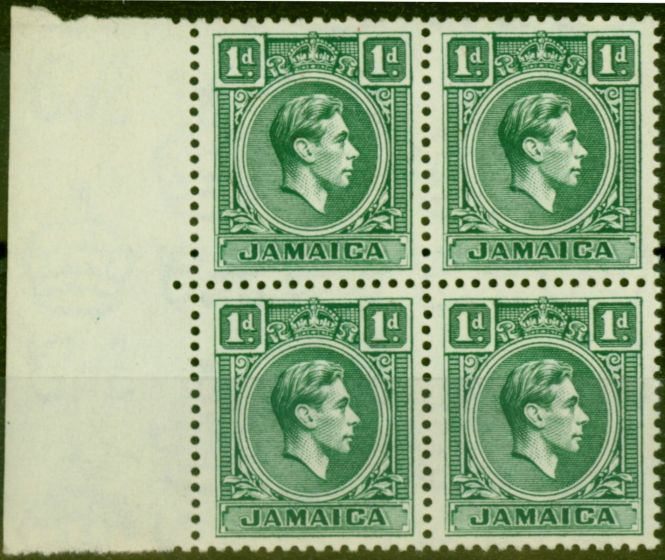 Rare Postage Stamp from Jamaica 1950 1d Blue-Green SG122a V.F MNH Block of 4