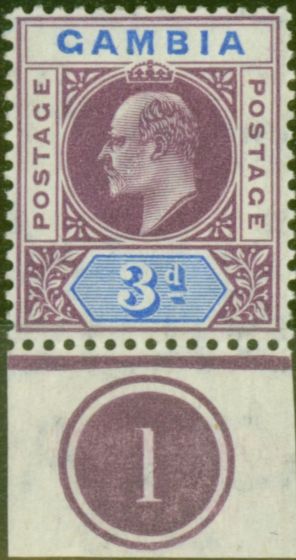 Rare Postage Stamp from Gambia 1905 3d Purple & Ultramarine SG61 Fine Lightly Mtd Mint Pl 1