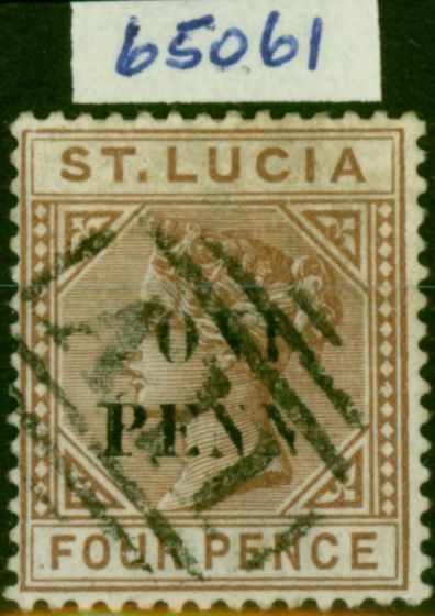 Rare Postage Stamp St Lucia 1891 1d on 4d Brown SG55Var 'Y omitted in Penny' Fine Used with Royal Certificate Rare
