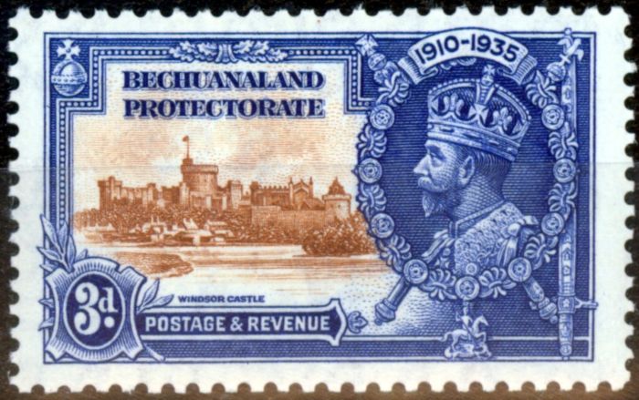 Old Postage Stamp from Bechuanaland 1935 Jubilee 3d Brown & Dp Blue SG113b Short Extra Flagstaff V.F Very Lightly Mtd Mint