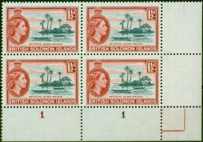 Old Postage Stamp British Solomon Islands 1964 1 1/2d Slate-Green & Red SG104 V.F MNH Pl 1 Corner Block of 4