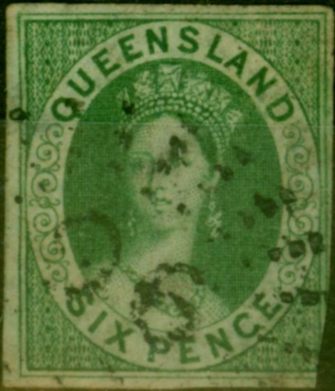Collectible Postage Stamp Queensland 1860 6d Green SG3 Good Used