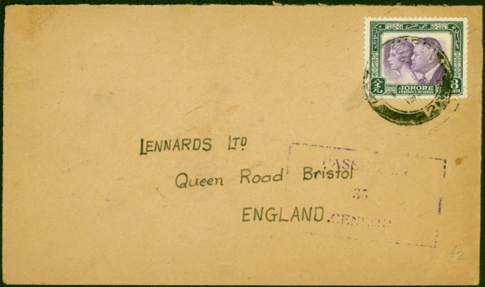 Rare Postage Stamp Johore 1935 'Passed by Cencor' Cover to Bristol Bearing SG129 Fine