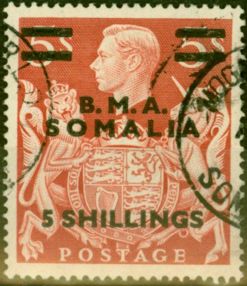 Old Postage Stamp from British Occu Somalia 1948 5s on 5s Red SGS20 Very Fine Used (3)