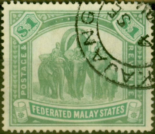 Collectible Postage Stamp from Fed Malay States 1907 $1 Green & Dull Green SG48a Fine Used