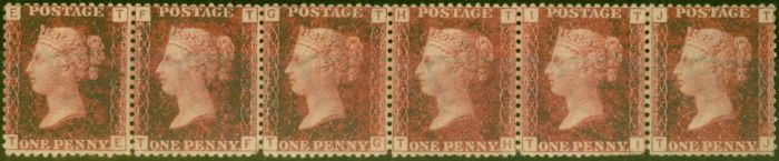 Collectible Postage Stamp GB 1864 1d Lake-Red SG44 Pl 95 V.F MNH Strip of 6