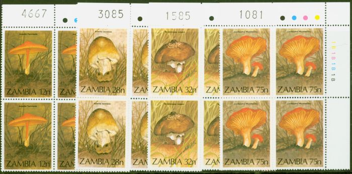 Rare Postage Stamp from Zambia 1984 Fungi set of 4 SG420-423 V.F MNH Corner Blocks of 4