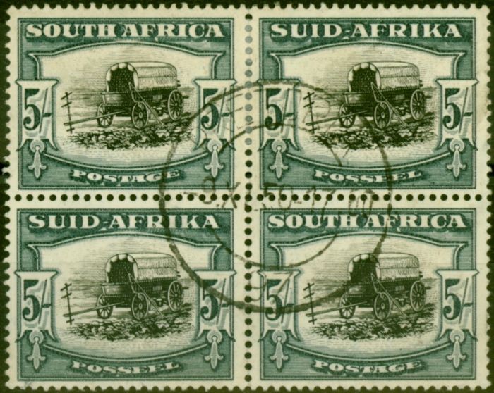 Old Postage Stamp South Africa 1944 5s Black & Blue-Green SG64b V.F.U Block of 4