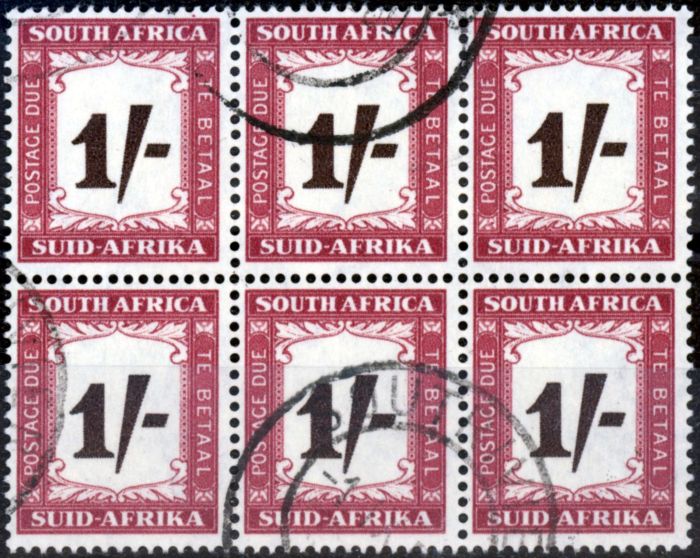 Old Postage Stamp from South Africa 1958 1s Black-Brown & Purple-Brown SGD44 Fine Used Block of 6 (1)