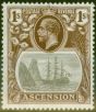 Rare Postage Stamp from Ascension 1924 1s Grey-Black & Brown SG18a Broken Mainmast V.F Very Lightly Mtd Mint