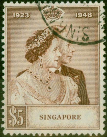 Valuable Postage Stamp Singapore 1948 RSW $5 Brown SG32 V.F.U