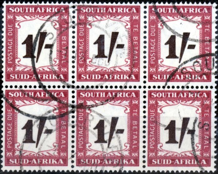 Valuable Postage Stamp from South Africa 1958 1s Black-Brown & Purple-Brown SGD44 Fine Used Block of 6 (3)