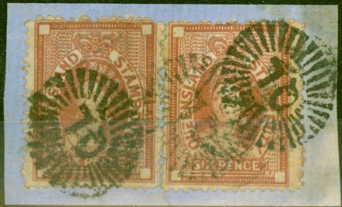 Old Postage Stamp from Queensland 1871 6d Red-Brown SGF17 Good Used x 2 on Piece