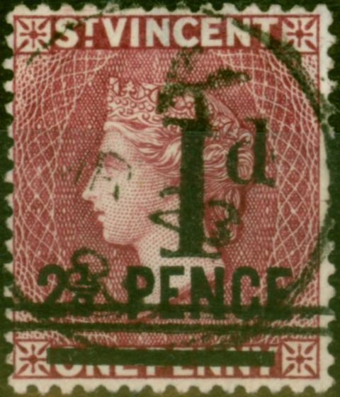 Rare Postage Stamp St Vincent 1885 1d on 2 1/2d on 1d Lake SG46x Wmk Reversed Fine Used
