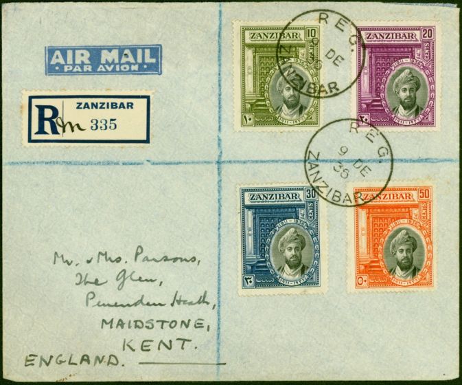 Collectible Postage Stamp Zanzibar 1936 Sultan Set of 4 SG323-326 on Registered 1st Day Cover to Maidstone Fine & Attractive