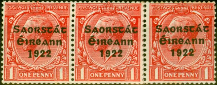 Collectible Postage Stamp from Ireland 1923 1d Scarlet SG68a Long 1 in Very Fine MNH & LMM Coil Join Strip of 3
