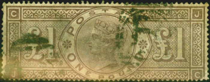 Old Postage Stamp from GB 1884 £1 Brown-Lilac SG185a Broken Frame J-C Ave Used Example