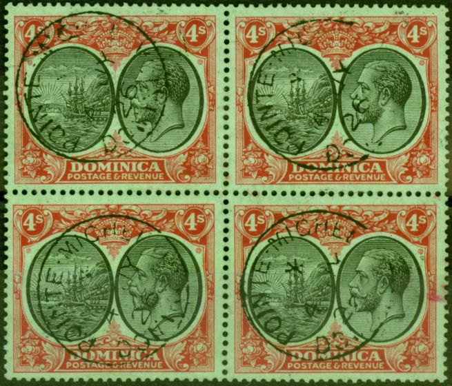 Valuable Postage Stamp Dominica 1923 4s Black & Red-Emerald SG87 Superb Used Block of 4