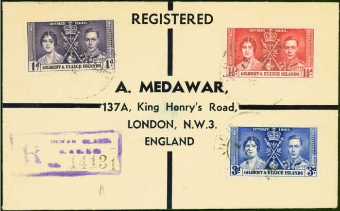 Rare Postage Stamp from Gilbert & Ellice Islands 1937 Coronation Set of 3 on Registered Cover to London