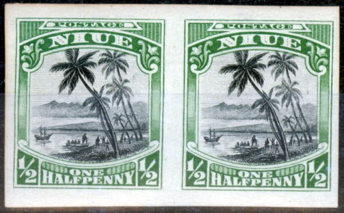 Rare Postage Stamp from Niue 1920 1/2d Black & Green SG38 Imperf Proof Pair Fine Lightly Mtd Mint