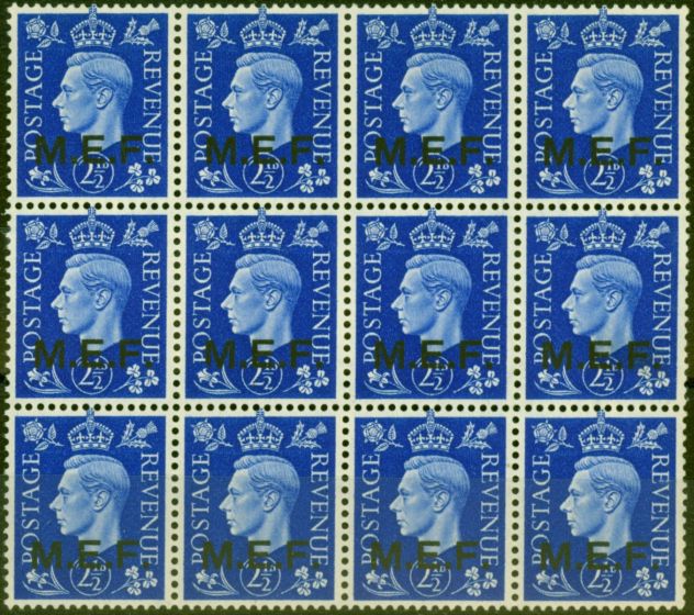 Collectible Postage Stamp from Middle East Forces 1942 2 1/2d Ultramarine SGM3a Sliced M In a Very Fine MNH Block of 12