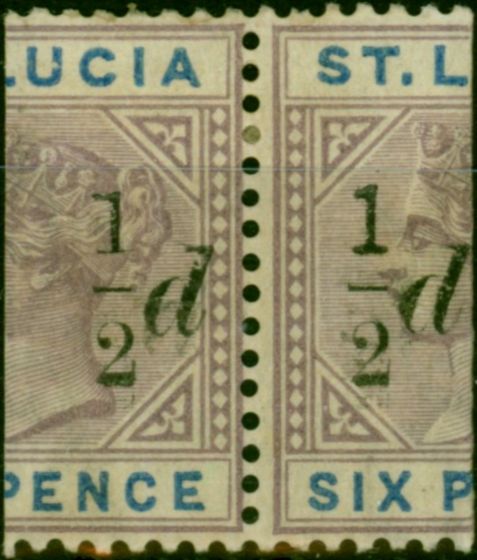Valuable Postage Stamp St Lucia 1891 1/2d on Half 6d Dull Mauve & Blue SG54c 'Surcharge Double' & SG54e 'Thick 1 with Sloping Serif' Fine LMM Rare Pair with 2 Varieties