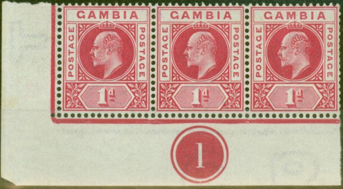 Rare Postage Stamp from Gambia 1902 1d Carmine SG46 V.F MNH Corner Plate Strip of 3