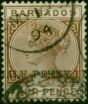 Rare Postage Stamp from Barbados 1892 1/2d on 4d Dp Brown SG104b Surch Double in Red & Black Fine Used with Royal Cert Scarce