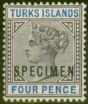 Old Postage Stamp from Turks & Caicos Is 1895 4d Dull Purple & Ultramarine Specimen SG71s V.F Mtd Mint