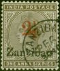 Rare Postage Stamp from Zanzibar 1896 2 1/2 on 1a6p Sepia SG30 V.F.U