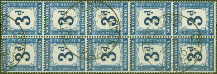Collectible Postage Stamp from South Africa 1942 3d Indigo & Milky Blue SGD28w Wmk Upright V.F.U Block of 10 (3)