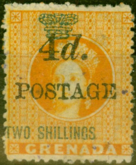 Old Postage Stamp from Grenada 1888 4d on 2s Orange SG41c 1st S in Shilling Inverted Good Mtd Mint