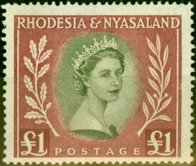 Rare Postage Stamp from Rhodesia & Nyasaland 1954 £1 Olive-Green & Lake SG15 Fine LMM