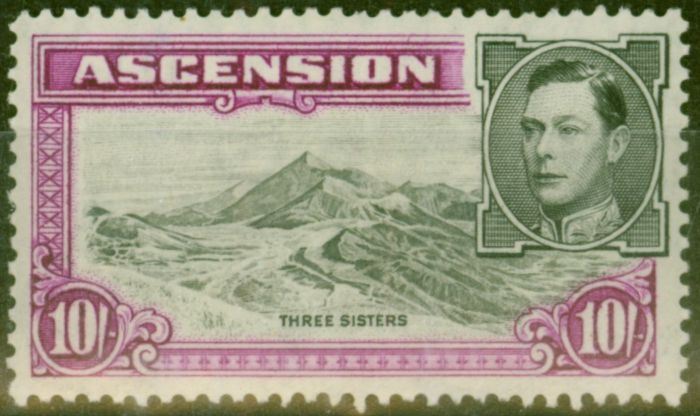 Rare Postage Stamp from Ascension 1938 10s Black & Brt Purple SG47 Fine Lightly Mtd Mint