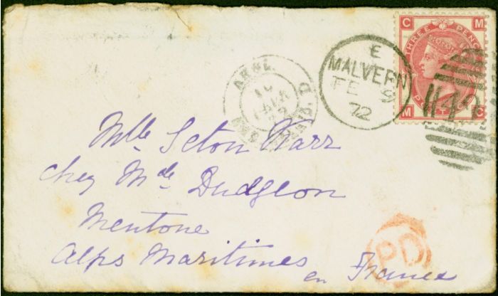 Valuable Postage Stamp from GB 1872 3d Rose SG103 Pl.6 on Cover to Capt Carter Cheltenham