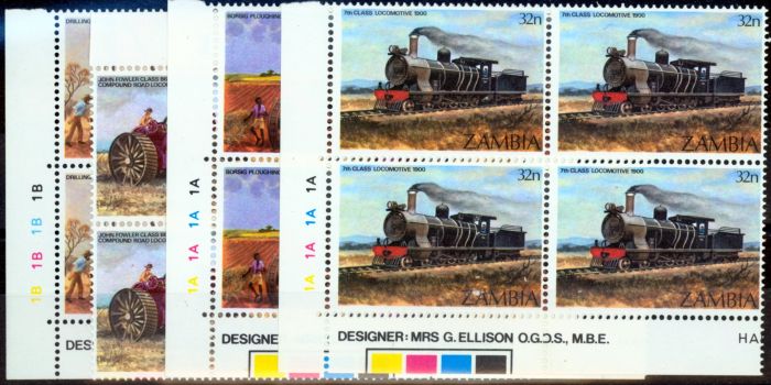Collectible Postage Stamp from Zambia 1983 Steam Engines set of 4 SG375-378 V.F MNH Corner Blocks of 4