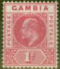 Rare Postage Stamp from Gambia 1909 1d Red SG73var Slotted Frame Fine Mtd Mint.