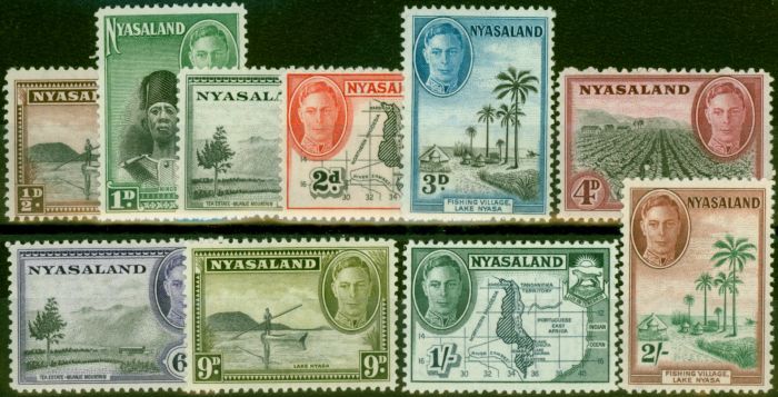 Collectible Postage Stamp Nyasaland 1945 Set of 10 to 2s SG144-153 Fine MM